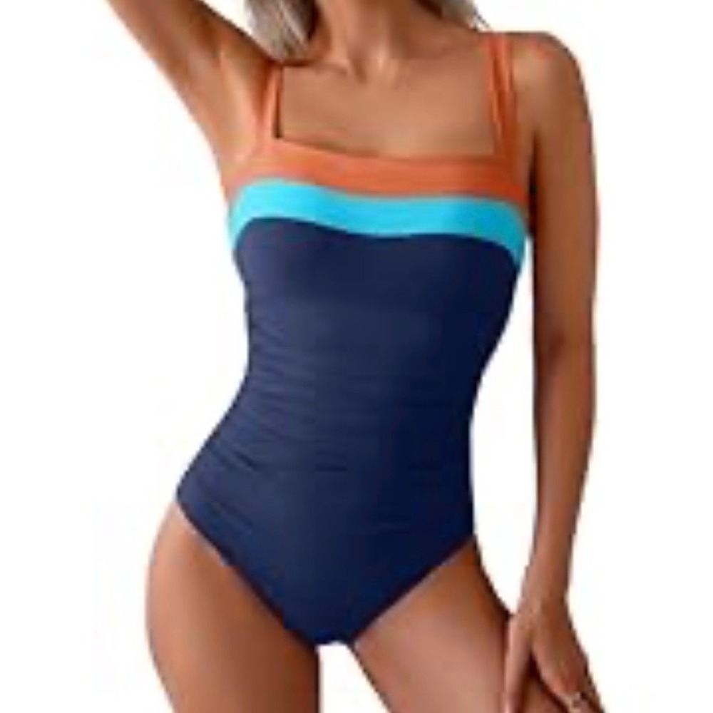 Eomenie Womens Colorblock One Piece Swimsuit Navy Blue Orange XL NEW Beach